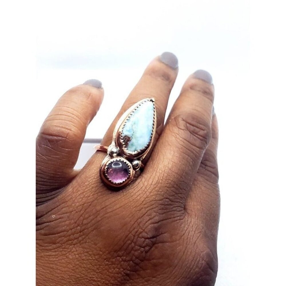 Amethyst and Larmiar Crystal Statement Ring Handmade Copper Jewelry Boho - Picture 5 of 12